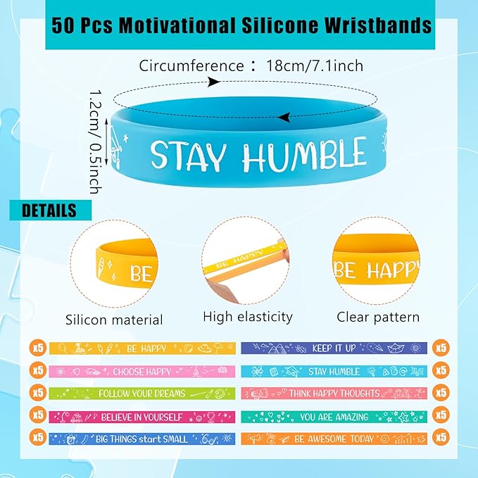 Wettarn 100 Pcs Motivational Bracelets 50 Pcs Silicone Wristbands 50 Pcs Snap Bracelets Bulk Set Inspirational Rubber Bracelet Snap Bracelets for Classroom Birthday Party Favors