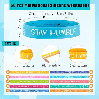 Wettarn 100 Pcs Motivational Bracelets 50 Pcs Silicone Wristbands 50 Pcs Snap Bracelets Bulk Set Inspirational Rubber Bracelet Snap Bracelets for Classroom Birthday Party Favors