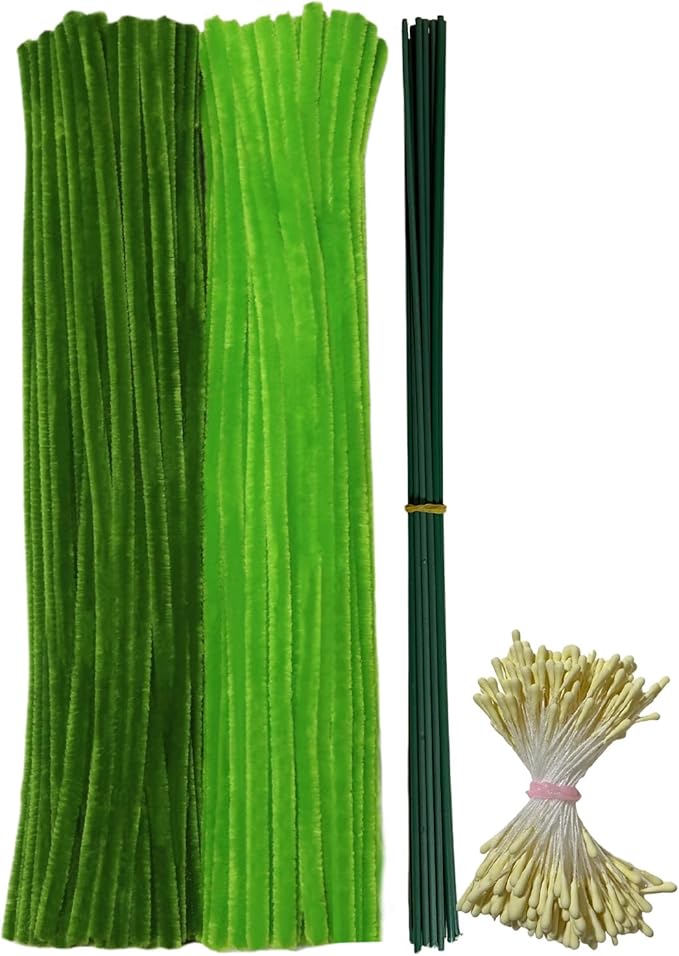 Harmoso 200pcs Green Pipe Cleaners Bulk - Flower Stamens, Leaves, and Stems for Crafting Realistic Handmade Flowers with Pipe Cleaners (12 x 0.24 inches)