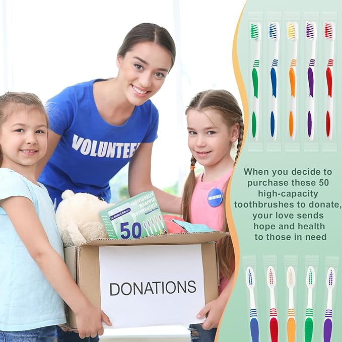 50 Pcs Toothbrush Bulk Disposable, Travel Toothbrushes Pack, Soft Bristle Individually Wrapped and Good Cleaning for Kids, Adult and The Elderly. Suitable for Hotel, Travel, Home, Donated