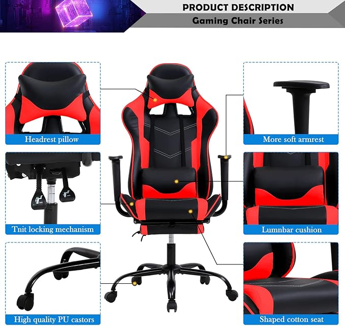 Gaming Chair Racing Style Office Computer Game Chair Ergonomic Desk Chair with Headrest Lumbar Support, High Back Gamer Office Chair Recliner Video Game Chairs for Kids or Adults,Red