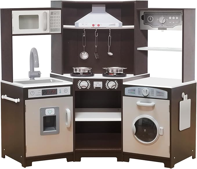 TaoHFE Corner Play Kitchen with Lights & Sounds Brown Kitchen Kids Toddler Kitchen Set with Washer, Chalkboard Wooden Kitchen Kids Playset with Washing Machine Range Hood Boys Gift for Ages 3+