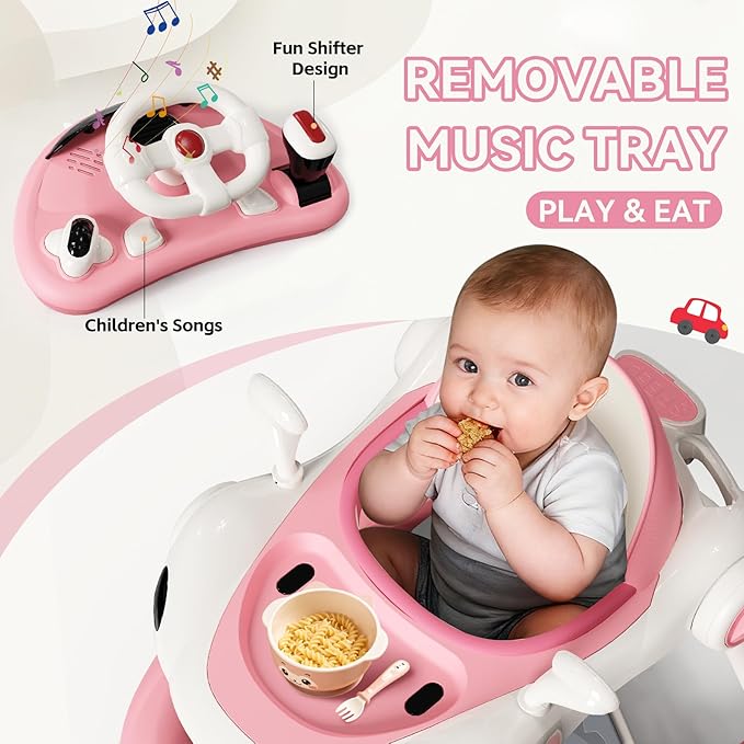 Baby Walker with Wheels, 7-in-1 Foldable Baby Walkers for Boys Girls 6-12 Months with Feeding Tray & Music, Lights,Rocker,Sun Canopy, Bouncing Pedal, Adjustable Wheel Speed, Push Walker (Pink)