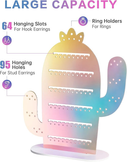 NiHome Cactus Iridescent Acrylic Earring Organizer, 11.2"x12.8", Earring Holder Organizer, Earring Stud Organizer, Plastic Clear Acrylic Earring Rack Holder Organizer for Girl Women