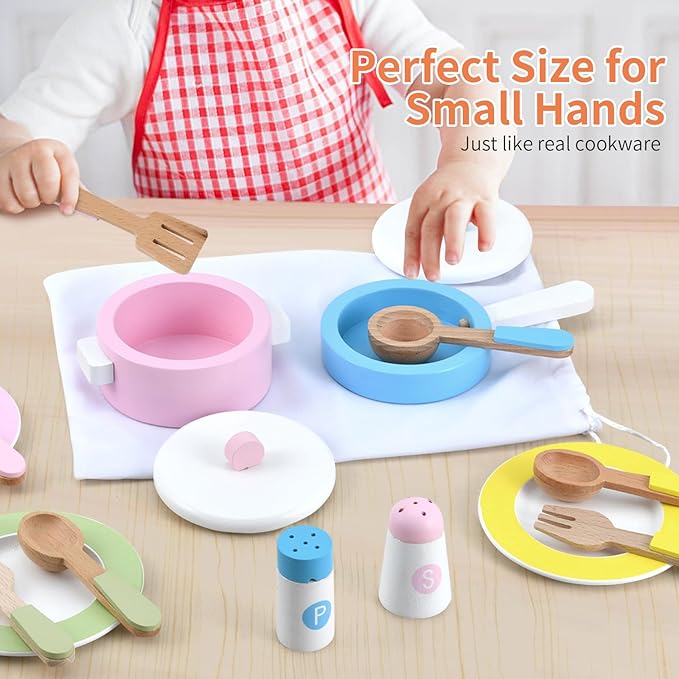 WHOHOLL Wooden Toy Kitchen & Play Dishes Set, Montessori Kitchen Toys for Girls and Boys, Pretend Play Kitchen Accessories Toddler Cooking Toys for Kids Ages 1-5 - Christmas Birthday Gift Sets