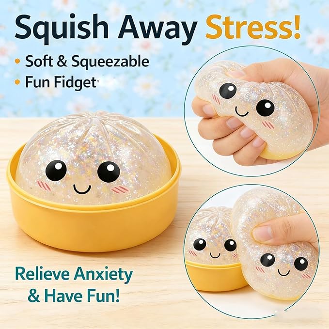 Dumpling Squishies, Glitter Dumpling, Glitter Dumplings Squishy with Box, Dumplings Sensory Squeeze Toy for Stress Relief Stretchy Desk Toys (White)