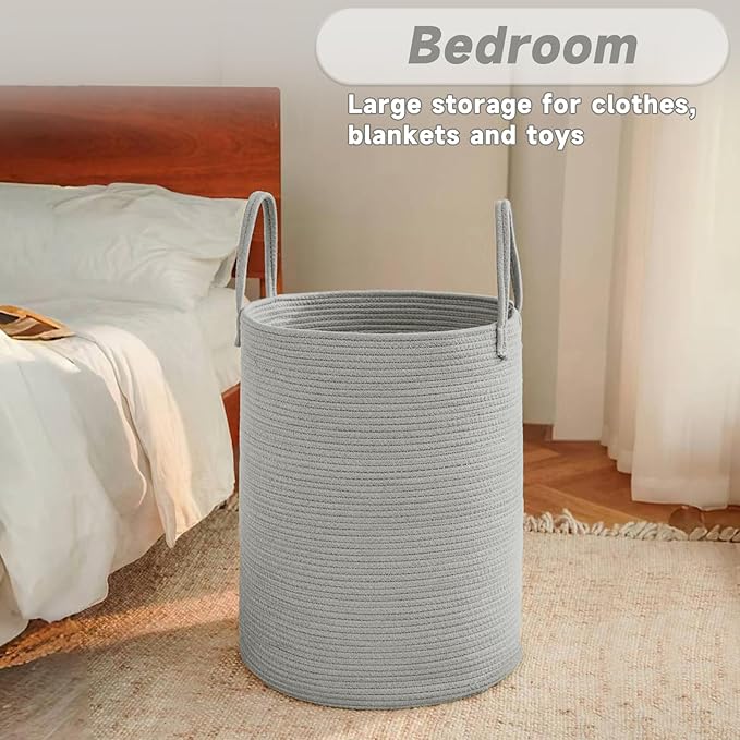 JMvicyroam Large Woven Laundry Basket Hamper,100L Cotton Rope Storage Bin for Blankets,Toys and Clothes,Decorative Tall Nursery Hamper for Living Room,Baby Nursery,Bathroom and Bedroom,Grey