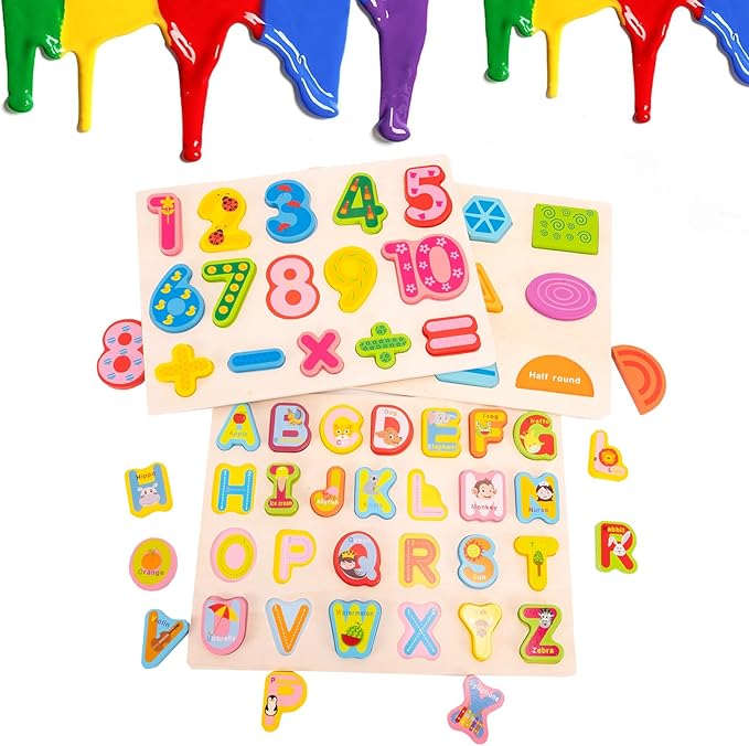 Wooden Alphabet Number Shape Learning Puzzles for Toddlers, 3 in 1 ABC Letter Puzzle Board Set for Kids Ages 3-5 Educational Alphabet Learning Toys for Preschoolers Boys Girls Gifts