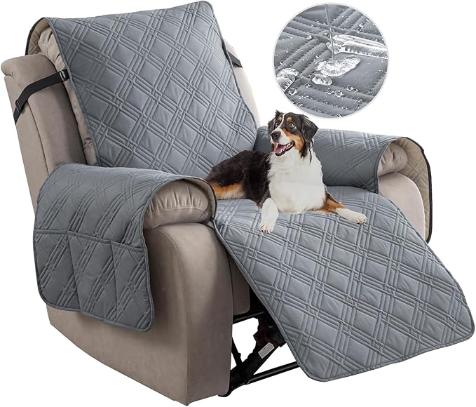 Easehomey 100% Waterproof Recliner Chair Covers, Non Slip Oversized Reclining Cover, Cover Furniture Protector Washable Chair Cover with Pocket,Elastic Straps for Kids,Pets,Dogs(Light Gray,28")
