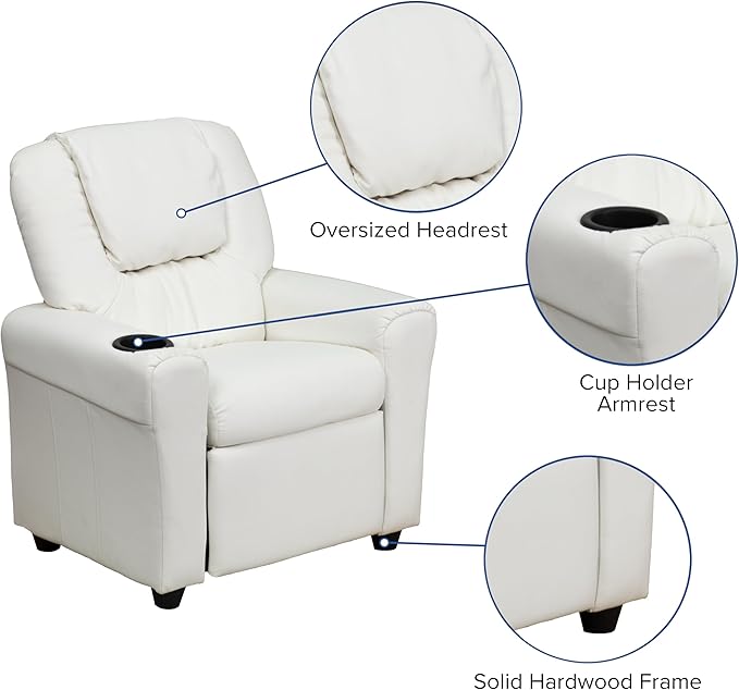 Flash Furniture Vana Vinyl Kids Recliner with Cup Holder, Headrest, and Safety Recline, Contemporary Reclining Chair for Kids, Supports up to 90 lbs., White