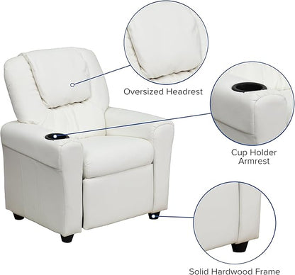 Flash Furniture Vana Vinyl Kids Recliner with Cup Holder, Headrest, and Safety Recline, Contemporary Reclining Chair for Kids, Supports up to 90 lbs., White