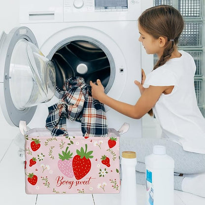 Strawberry Foldable Storage Box, Strawberries Waterproof Fabric Toy Organizer Box for Boys Girls, Strawberries Storage Boxes for Nursery Room, Strawberry Gifts Basket, Storage Basket for Room Decor