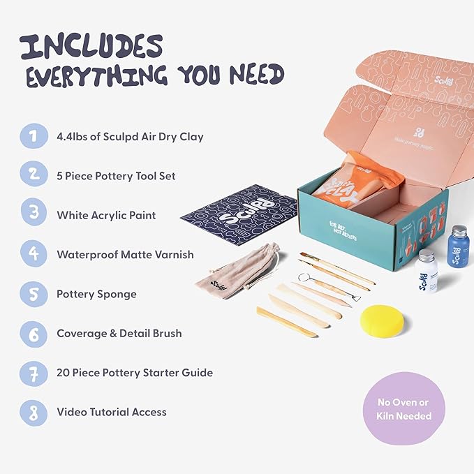 Sculpd Pottery Starter Kit - Complete Air Dry Clay Beginner Set for 2 Adults: Includes Sculpting Tools, Matte Varnish, Paint Brushes, Guide, Video Tutorials & More - Date Night Gift, Arts Crafts Hobby