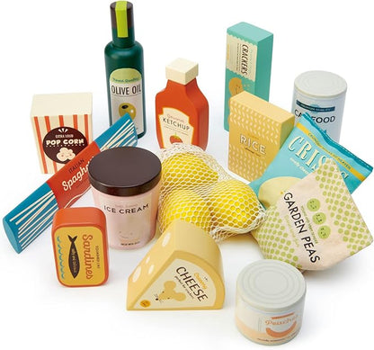 Tender Leaf Toys - Supermarket Grocery Set - 17 Pcs Wooden Pretend Play Food Pack for Supermarket Roleplay Shopping Game, Play Kitchen Accessories - Age 3+