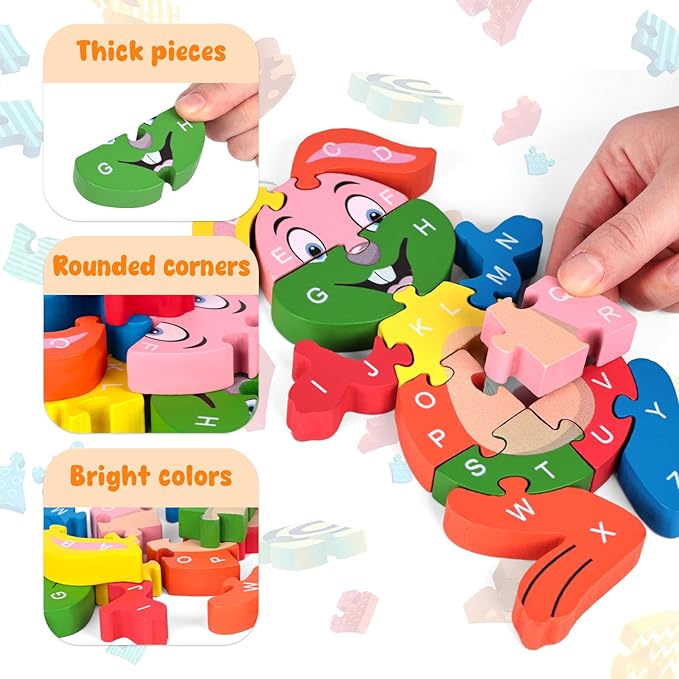 LovesTown Rabbit Wooden Puzzles, 26PCS Alphabet and Number Building Blocks Wood Jigsaw Puzzle for Kids Preschool