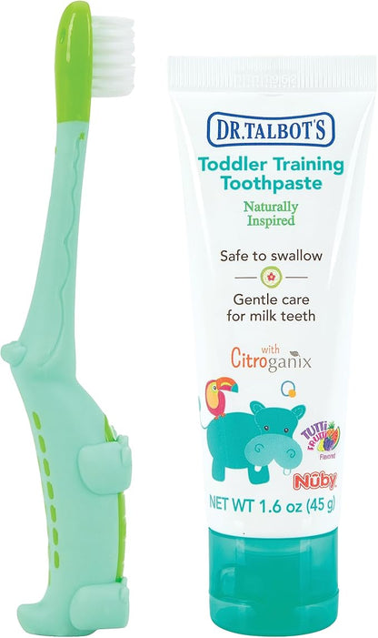 Dr. Talbot's Toddler Training Toothbrush and Natural Kids Toothpaste with Citroganix - 1.6 oz - Fluoride-Free Toothpaste and Toddler Toothbrush - 6+ Months - Alligator