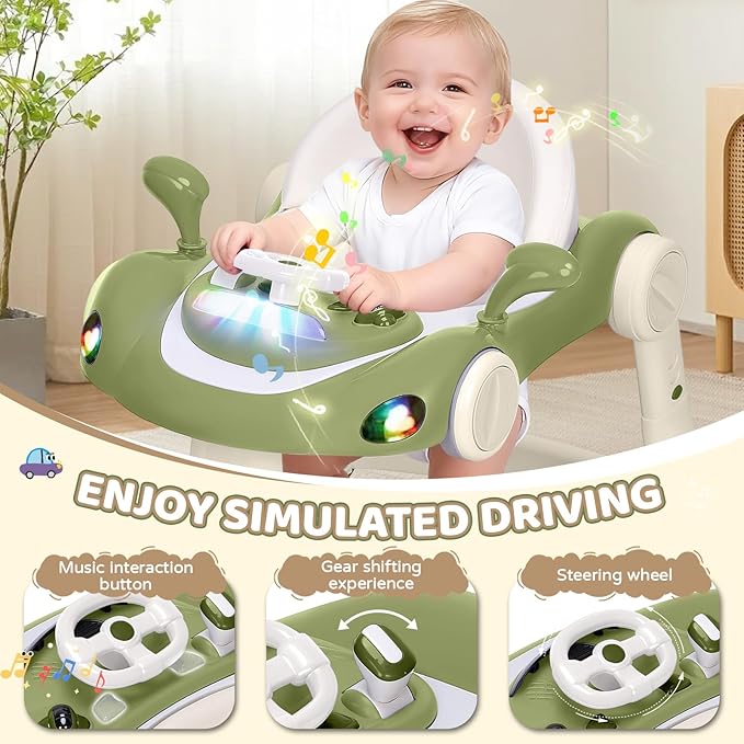 Baby Walker with Wheels, 5-in-1 Foldable Infant Toddler Walker for Boys Girls 6-18 Month, Music Walker for Baby with Car Steering Wheel &Removable Footrest,Baby Push Walker Green