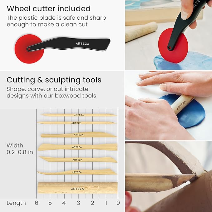 ARTEZA Pottery & Polymer Clay Tools, 22-Piece Sculpting Set, Steel Tip Tools with Wooden Handles, Craft Kit for Modeling, Carving