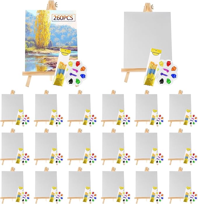 260 Pcs Art Painting Kit Supplies Set for Kids to Party - 20 Packs of 200 Brushes, 20 Wood Easels(8 * 12in), 20 Canvas Panels(8 * 10in) & 20 Palettes(5in), No Paint