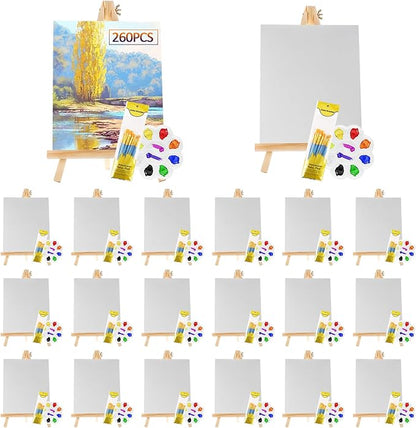 260 Pcs Art Painting Kit Supplies Set for Kids to Party - 20 Packs of 200 Brushes, 20 Wood Easels(8 * 12in), 20 Canvas Panels(8 * 10in) & 20 Palettes(5in), No Paint