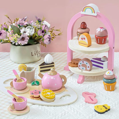 Atoylink Wooden Tea Party Set for Little Girls Toys Kids Play Kitchen Toddler Tea Set with Play Food & Cupcake Stand Pretend Play Wooden Toys for 2 3 4 5 6 Year Old Girl Christmas Birthday Gift, Pink