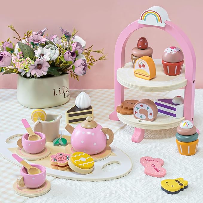 Atoylink Wooden Tea Party Set for Little Girls Toys Kids Play Kitchen Toddler Tea Set with Play Food & Cupcake Stand Pretend Play Wooden Toys for 2 3 4 5 6 Year Old Girl Christmas Birthday Gift, Pink