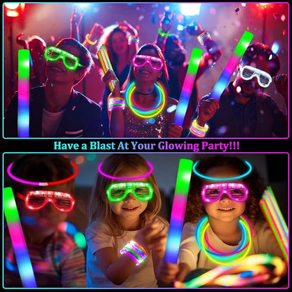 148 PCS New Years Eve Glow in the Dark Party Supplies Favors- 24 Pcs 16" Foam Glow Sticks+12 Pcs LED Glasses+12 Pcs Light Up Bracelets+100Pcs Glow Sticks Bulk Party Pack for Birthday Wedding Carnival