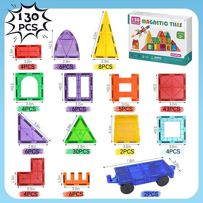 EchoPlan Magnetic Tiles,Deluxe 130 PCS Magnetic Blocks with 2 Cars,Magnet Tiles Building Blocks Set,STEM Preschool Sensory Educational Toys Gifts for Toddlers Kids Boys 3 4 5 6 7 8 9+ Year Old