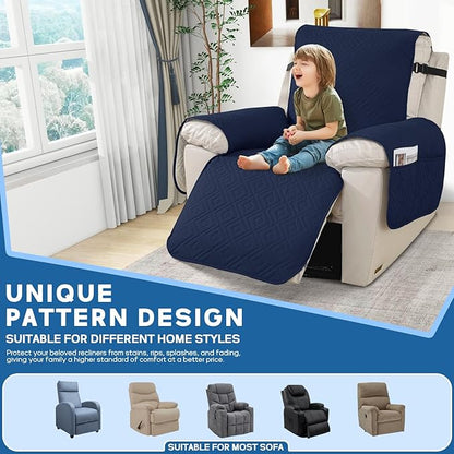 XINEAGE 100% Waterproof Recliner Cover, Non Slip Recliner Chair Cover with Elastic Band, Washable Recliner Slipcover with Storage Pockets for Kids, Pets (Dark Blue, 30")