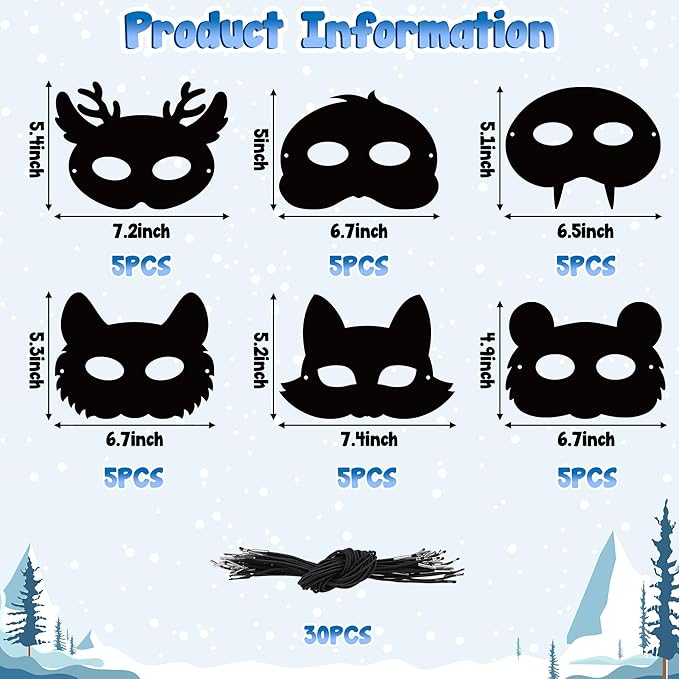 B1ykin 30Pcs Polar Animals Scratch Mask Gift Set, DIY Magic Winter Arctic Animal Scratch Masks Craft Kit for Kids, Color Paper Party Favors for Birthday School Classroom Art Activity Project