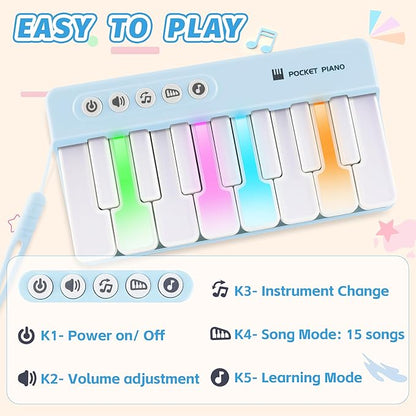 Mini Keyboard Piano Toy, Portable Light Up Pocket Piano for Toddlers Kids (Blue)
