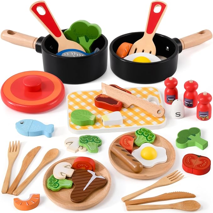 Atoylink Wooden Kids Kitchen Playset 44 Pcs Play Kitchen Accessories with Cookware, Pot, Vegetable, Fish, Play Food Set, Toddler Kitchen Toys Pretend Play Toy Gift for Kids Boys Girls Aged 3+