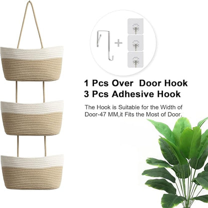 TeoKJ Over the Door Hanging Basket, 3-Tier Woven Cotton Wall-Mounted Storage Organizer Bag Decorative Hanging Nursery Baskets, White & Jute