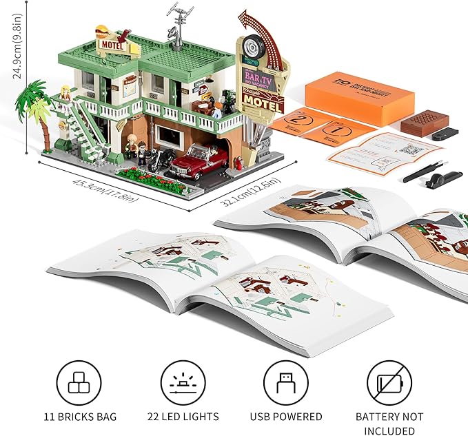 FUNWHOLE City Car-Hotel Lighting Building-Bricks Set - Road Trip Modular Twilight Motel Collection LED Light Car and Motorcycle Building Set 1970 Pcs for Adults and Teen