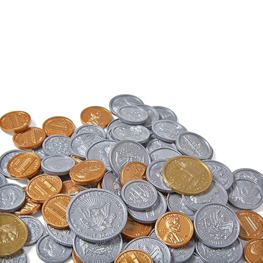 hand2mind Fake Money Coin Assorted Set, Detailed Fake Coins, Prop Money, Toy Money, Play Money for Kids, Realistic Money, Pretend Money for Kids Learning, Play Money Set, Plastic Coins (Set of 96)