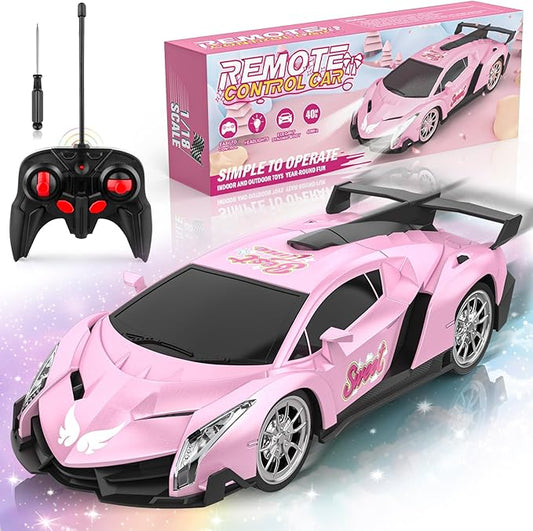 Growsland Remote Control Car for Girls, 1:18 Pink RC Cars Toys for Kids Girl Electric Vehicle Toy Car Hobby Racing Car with Lights & Controller, Birthday Gifts for Girl Boys Age 3 4 5 6 7 8 9 Year Old
