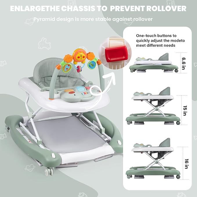 Boyro Baby Baby Walker, 5-in-1 Baby Walkers for Boys and Girls 6-12 Months with Bouncer, Removable Footrest, Feeding Tray & Music, Foldable & Adjustable Activity Walker for 6-18 Months Toddler Infant