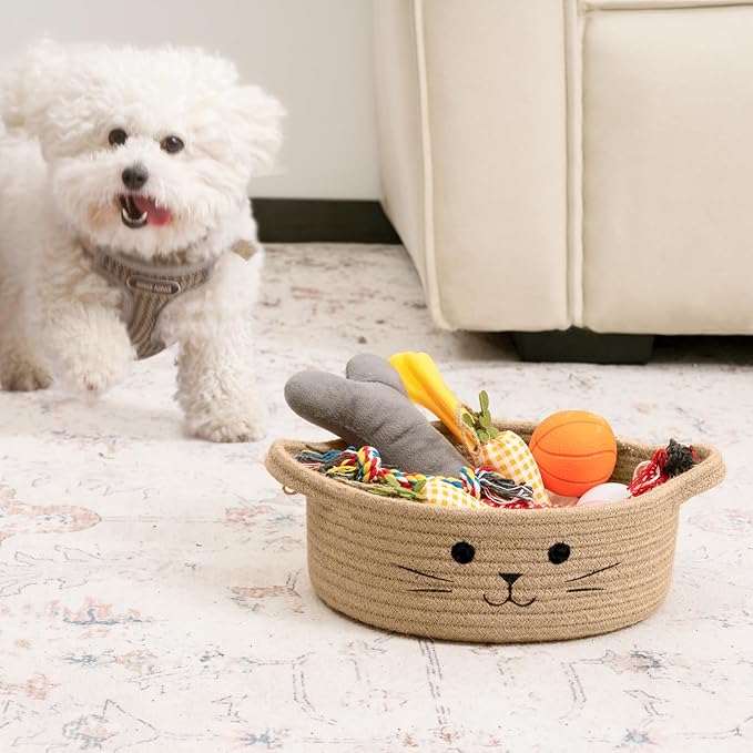 Small Storage Basket, Cute Baskets for Cat Toys, Woven Doy Toy Box Empty Gift Bin for Organizing, Jute, 9.8 x 4 inches