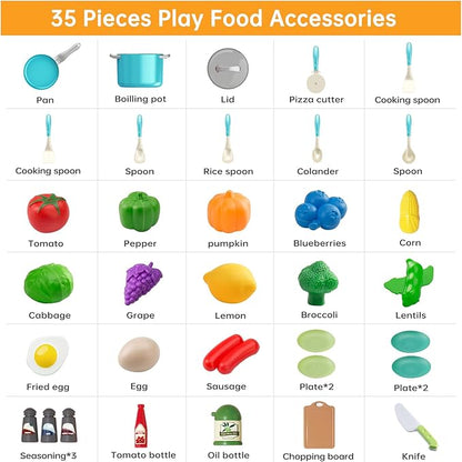 35Pcs Kids Kitchen Toy Accessories, Toddler Pretend Cooking Playset with Play Pots and Pans, Utensils Cookware Toys, Play Food Set, Toy Vegetables, Learning Gift for Girls Boys (Turquoise)