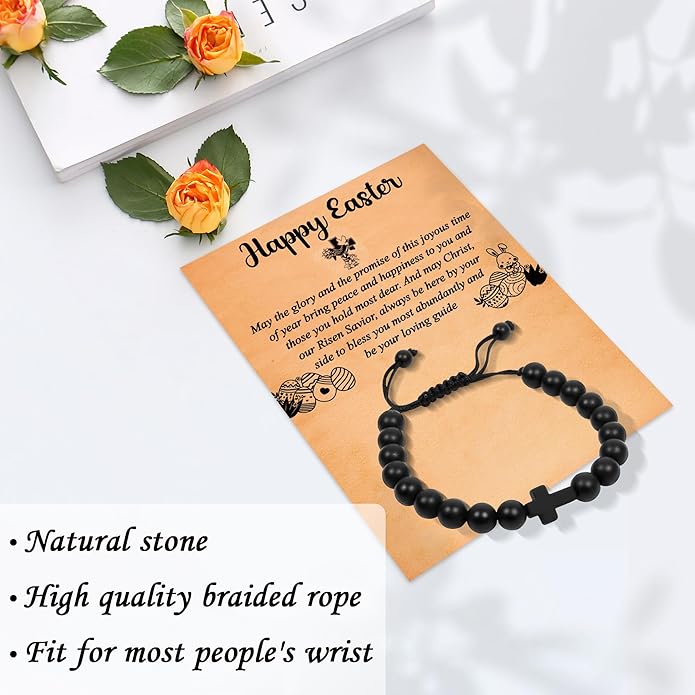 Partyprops Easter Basket Stuffers for Boys Teens Men, Black Easter Bracelet Cross Bracelet First Communion Baptism Confirmation Christian Easter Gifts for Son Daughter Teenager Girls Adults Men