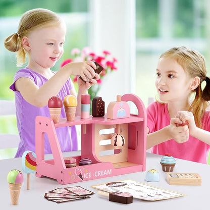 GAGAKU Wooden Ice Cream Play Set for Kids Pretend Play Food Wooden Ice Cream Set Shop Play Kitchen Accessories with Menu and Cash Role Play Toys Gifts for Toddler 3 4 5 6 7 8 Years Old Girls and Boys