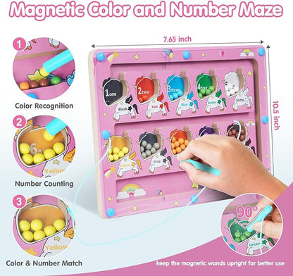 Magnetic Color and Number Maze, Montessori Toys for 3+ Year Old, Wooden Puzzles Activity Board, Learning Educational Fine Motor Skills Travel Toys, for Kids Boy Girl