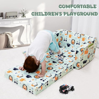 Kids Sofa, Comfy 2-in-1 Toddler Couch Fold Out, Convertible Sofa to Toddler Lounge Chair for Boys and Girls (Animal, Green)