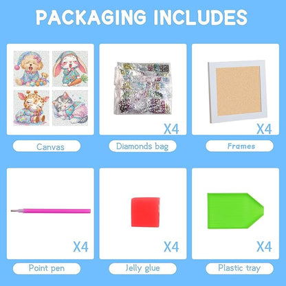 FQOVKYN 4 Packs Cute Animals Diamond Art Kits for Kids, DIY Cartoon Small Diamond Painting Kits for Kids Age 6-12, Diamond Art and Crafts Kits for Girls Boys Birthday Gift(6 * 6inch)
