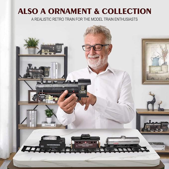 Hot Bee Train Set for Boys, Alloy Remote Control Train Toys with Steam Locomotive Cargo Cars Tracks, Trains with Realistic Smoke Sound Lights,Christmas Train Toys Gifts for 3 4 5 6 7 8+ Years Old Kids