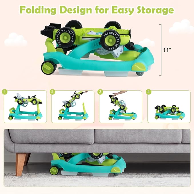 HONEY JOY 4-in-1 Baby Walker, Activity Push Walker w/3 Adjustable Heights, Smooth Wheels w/Adjustable Speed, Padded Seat, Music & Light, Foldable Car Walker for Baby Boys Girls Age 6 Months+ (Green)