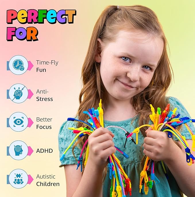 UpBrands Zipper Bracelets 6.5 Inches Sensory Toys Bulk Set, Multicolored, Kit for Birthday, Party Favors for Kids, Goodie Bags, Easter Egg & Pinata Fillers, Students Incentives (48 Pack)
