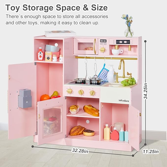 Kids Play Kitchen for Chef Pretend Kitchen Playset with Real Lights and Sounds and 14 Pcs Toy Kitchen Accessories, Wooden Toddler Pink Play Kitchen Set for Girls Ages 3+