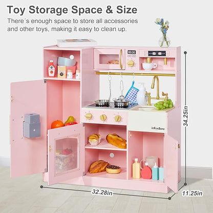 Kids Play Kitchen for Chef Pretend Kitchen Playset with Real Lights and Sounds and 14 Pcs Toy Kitchen Accessories, Wooden Toddler Pink Play Kitchen Set for Girls Ages 3+