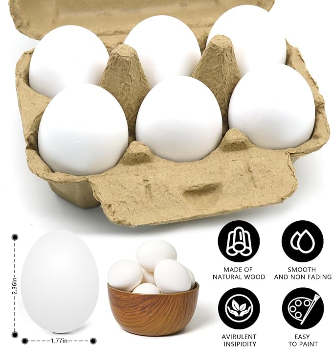 6pcs Wooden Fake Eggs, White Wooden Easter Eggs, DIY Kitchen Pretend Play Food Set,Children Kitchen Play Toys,Fake Chicken Eggs for Home Farm Decor
